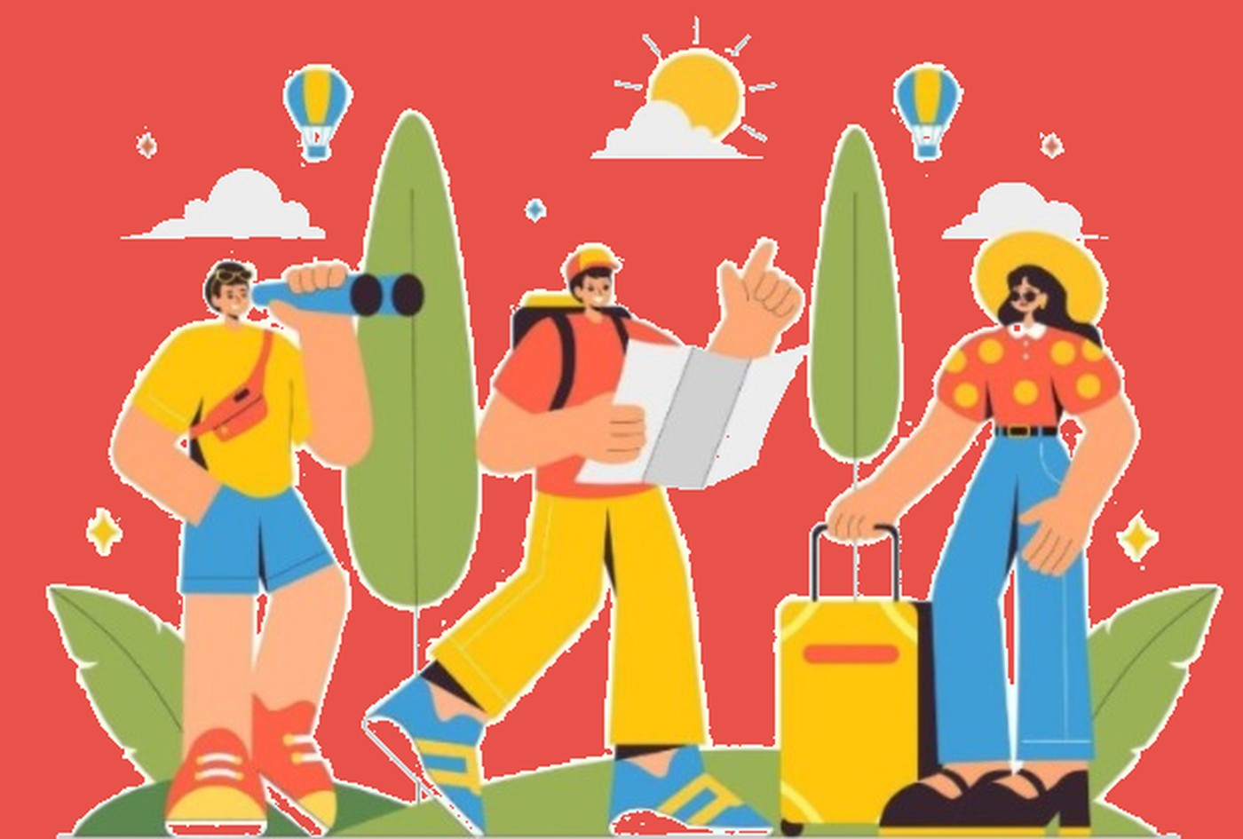 Ilustração de três viajantes com mapa, binóculos e mala